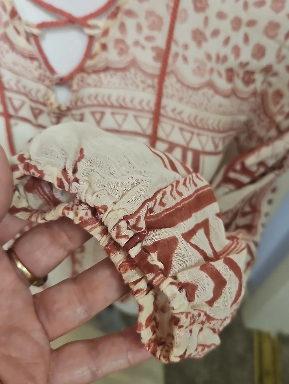 Free People Boho Lace-Up Peasant Top in Rust and Cream